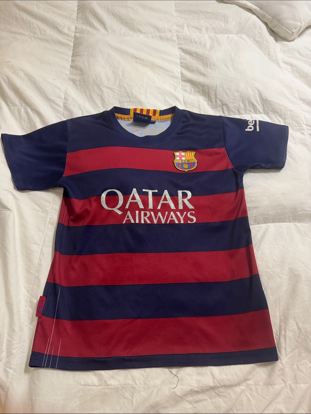 Vintage Kids FC Barcelona Navy & Red Striped Jersey - Qatar Airways